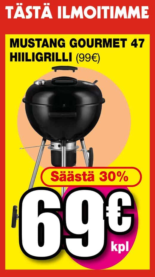 Bright red and yellow sale poster advertising a mustang gourmet 47 grill, showing a black kettle grill with a large “69€” price, a “säästä 30%” badge, and bold finnish headlines about the offer. | säästötalo latvala